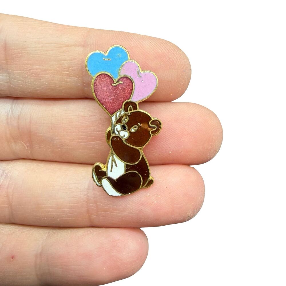 Vintage Enameled Teddy Bear with Heart Balloons Brooch Cloisonne Bear